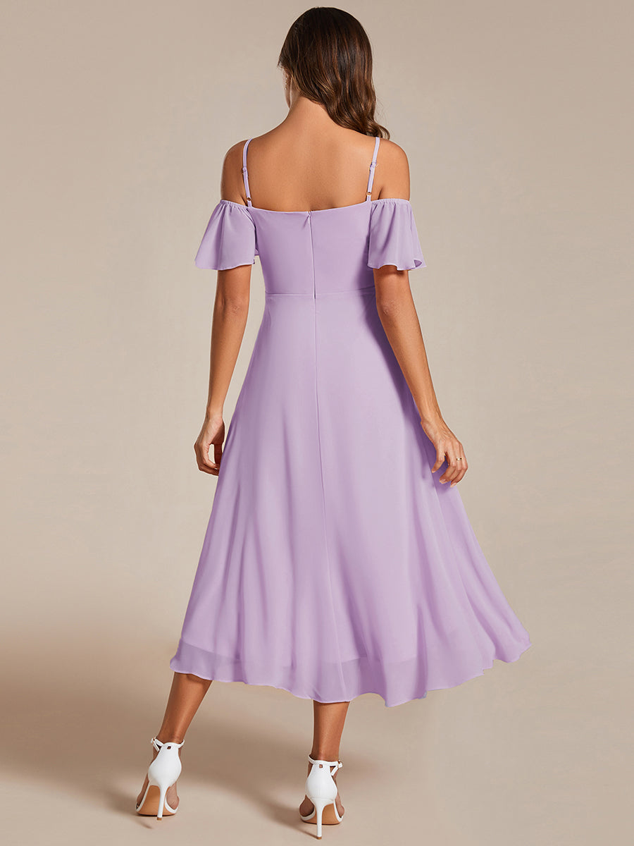 Color=Frosted Lilac | Plus Size Chiffon Spaghetti Strap Cold Shoulder Tea Length Wedding Guest Dress-Frosted Lilac 3