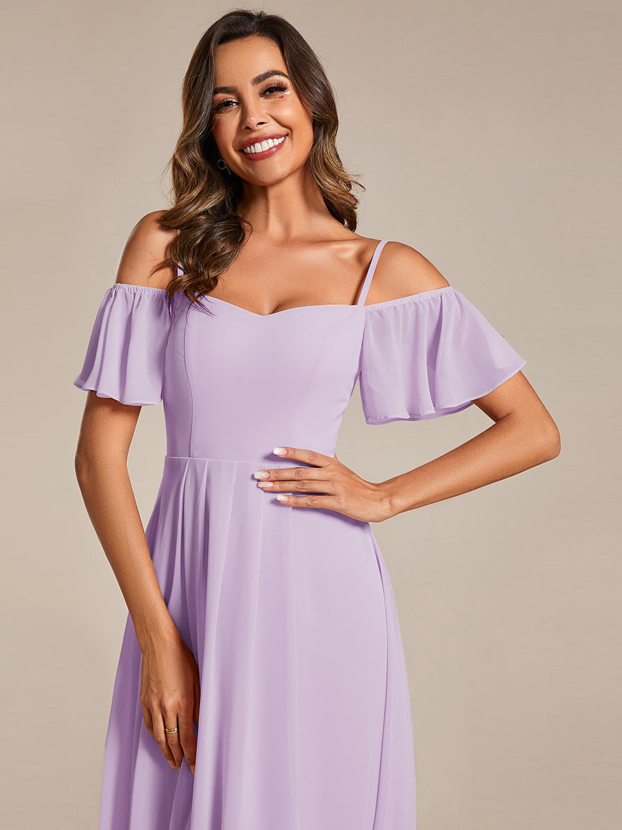 Color=Frosted Lilac | Plus Size Chiffon Spaghetti Strap Cold Shoulder Tea Length Wedding Guest Dress-Frosted Lilac 6