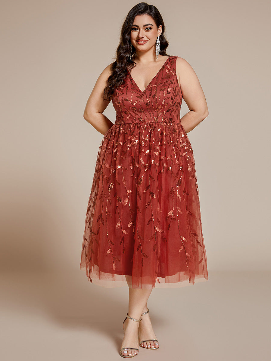 Color=Burnt Orange | Plus Size V-Neck Sequin Midi Wedding Guest Dress With Sleeveless-Burnt Orange 19
