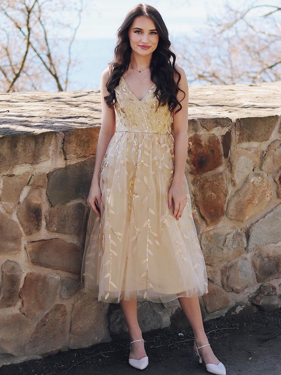 Color=Gold | V-Neck Sequin Midi Wedding Guest Dress With Sleeveless-Gold 15