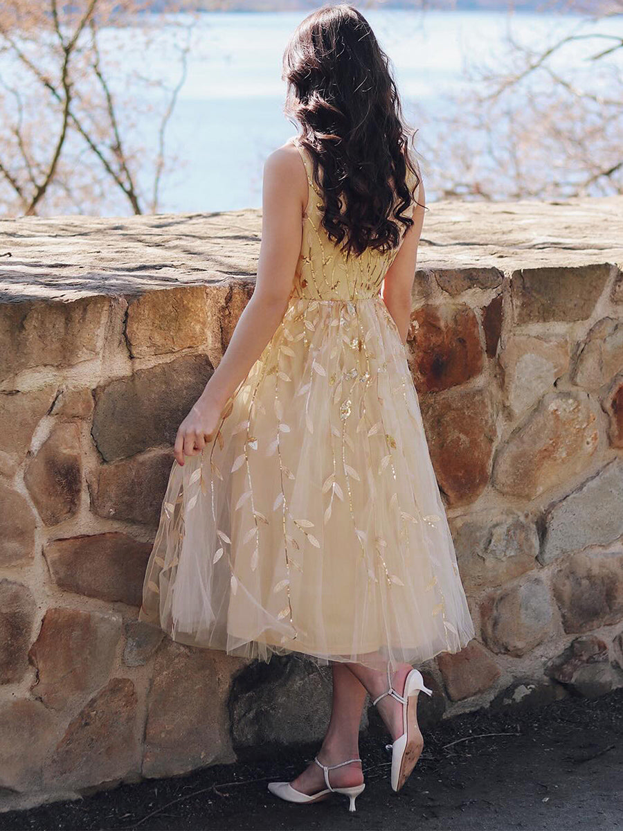 Color=Gold | V-Neck Sequin Midi Wedding Guest Dress With Sleeveless-Gold 15