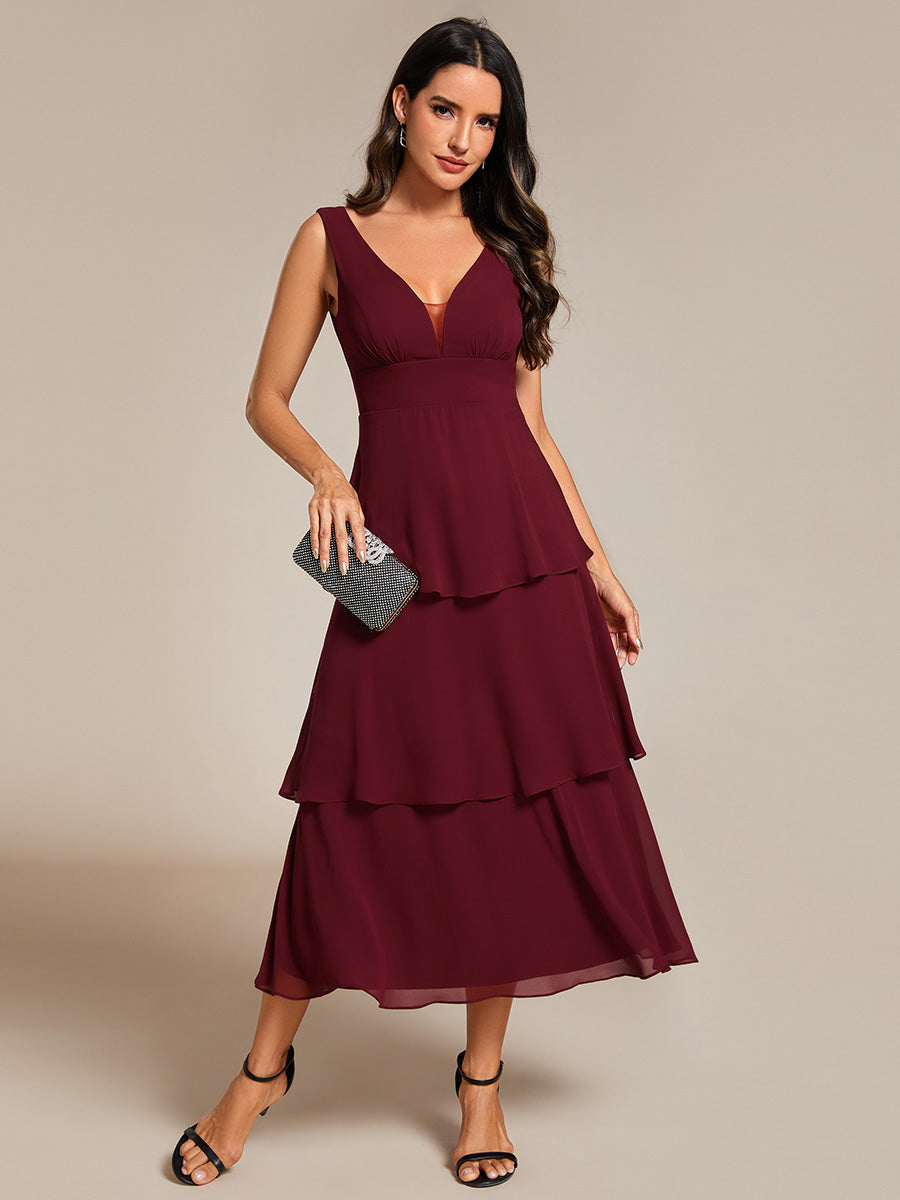 Color=Burgundy | Spaghetti Strap Tiered Ruffle Hem Midi Length Wedding Guest Dress-Burgundy 4