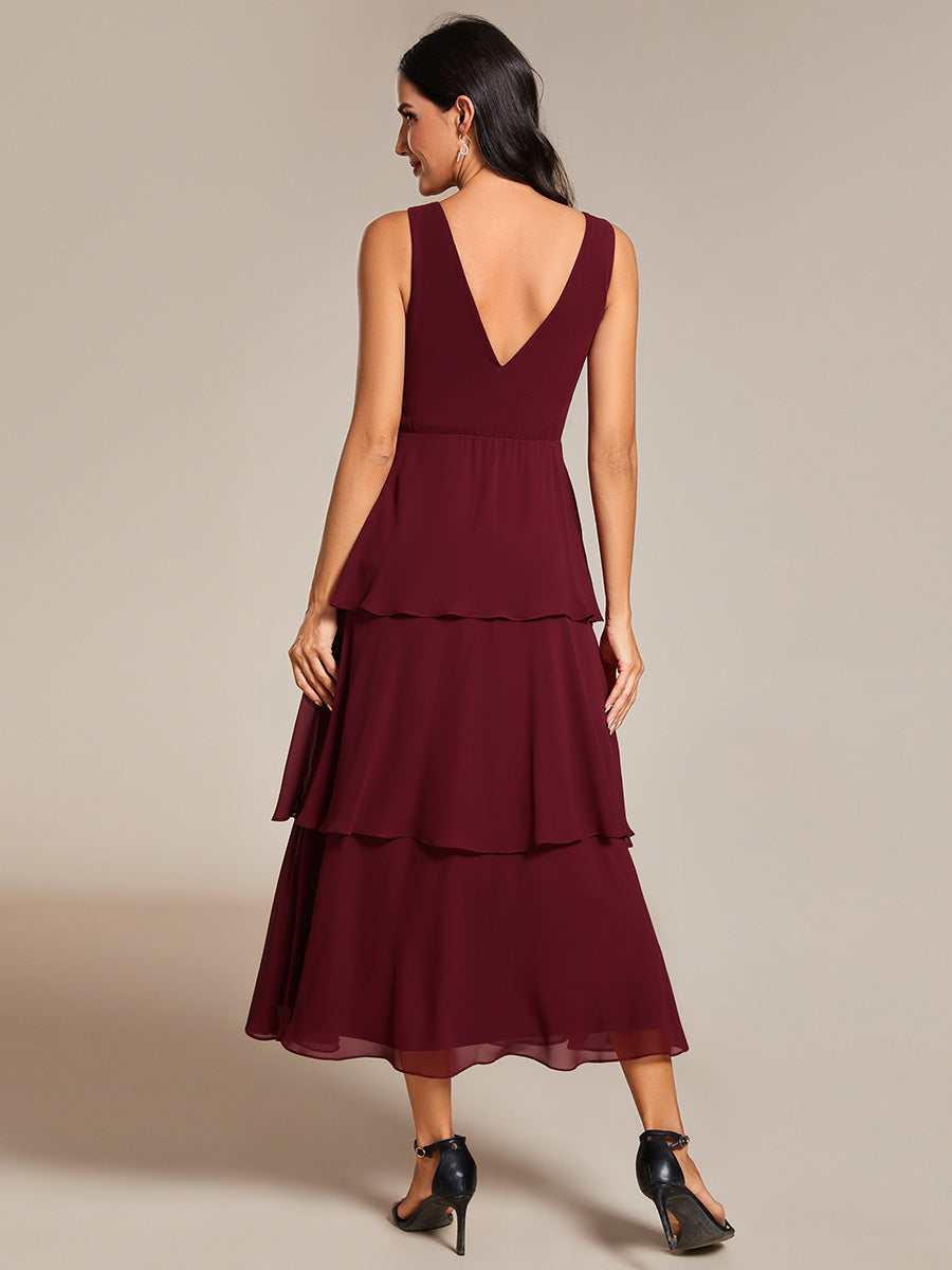 Color=Burgundy | Spaghetti Strap Tiered Ruffle Hem Midi Length Wedding Guest Dress-Burgundy 3