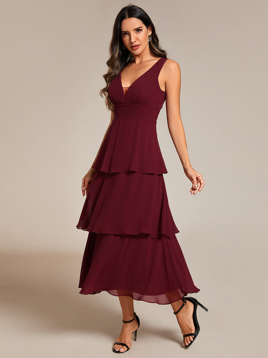 Color=Burgundy | Spaghetti Strap Tiered Ruffle Hem Midi Length Wedding Guest Dress-Burgundy 2