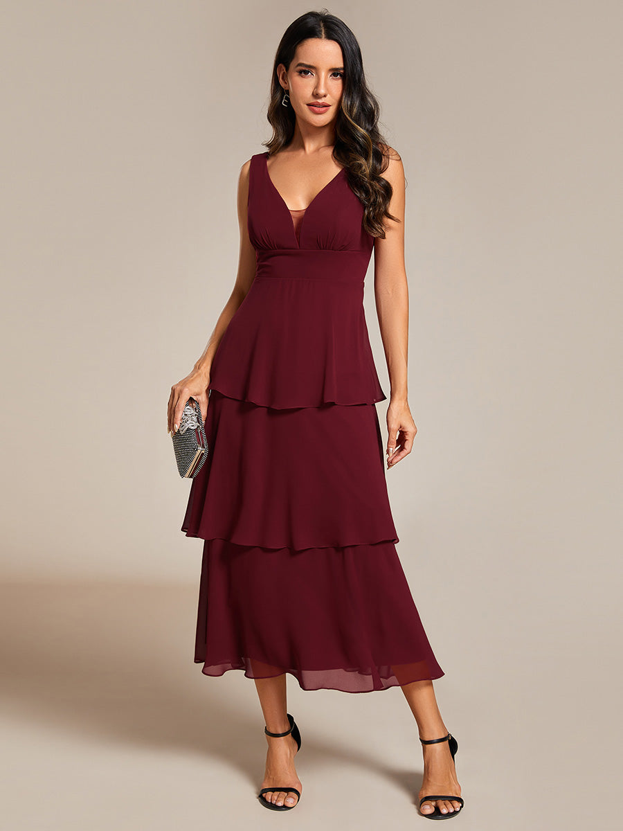 Color=Burgundy | Spaghetti Strap Tiered Ruffle Hem Midi Length Wedding Guest Dress-Burgundy 1