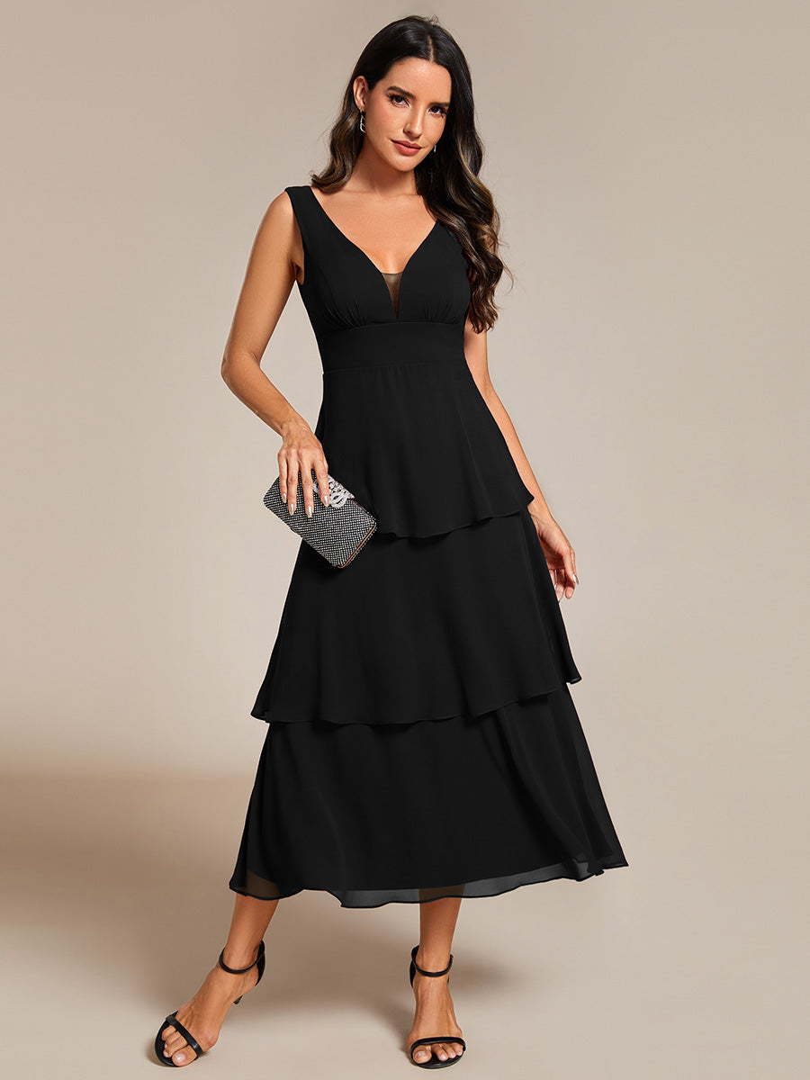 Color=Black | Spaghetti Strap Tiered Ruffle Hem Midi Length Wedding Guest Dress-Black 12