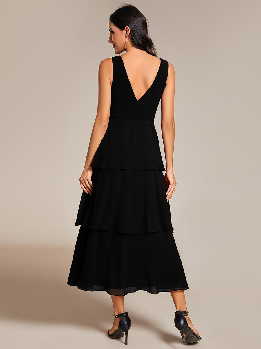 Color=Black | Spaghetti Strap Tiered Ruffle Hem Midi Length Wedding Guest Dress-Black 11