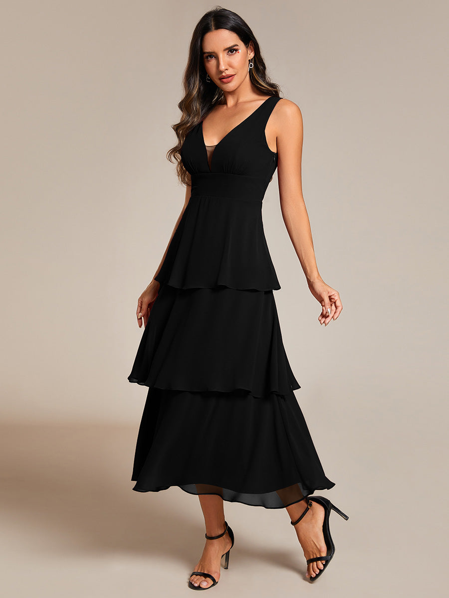 Color=Black | Spaghetti Strap Tiered Ruffle Hem Midi Length Wedding Guest Dress-Black 10