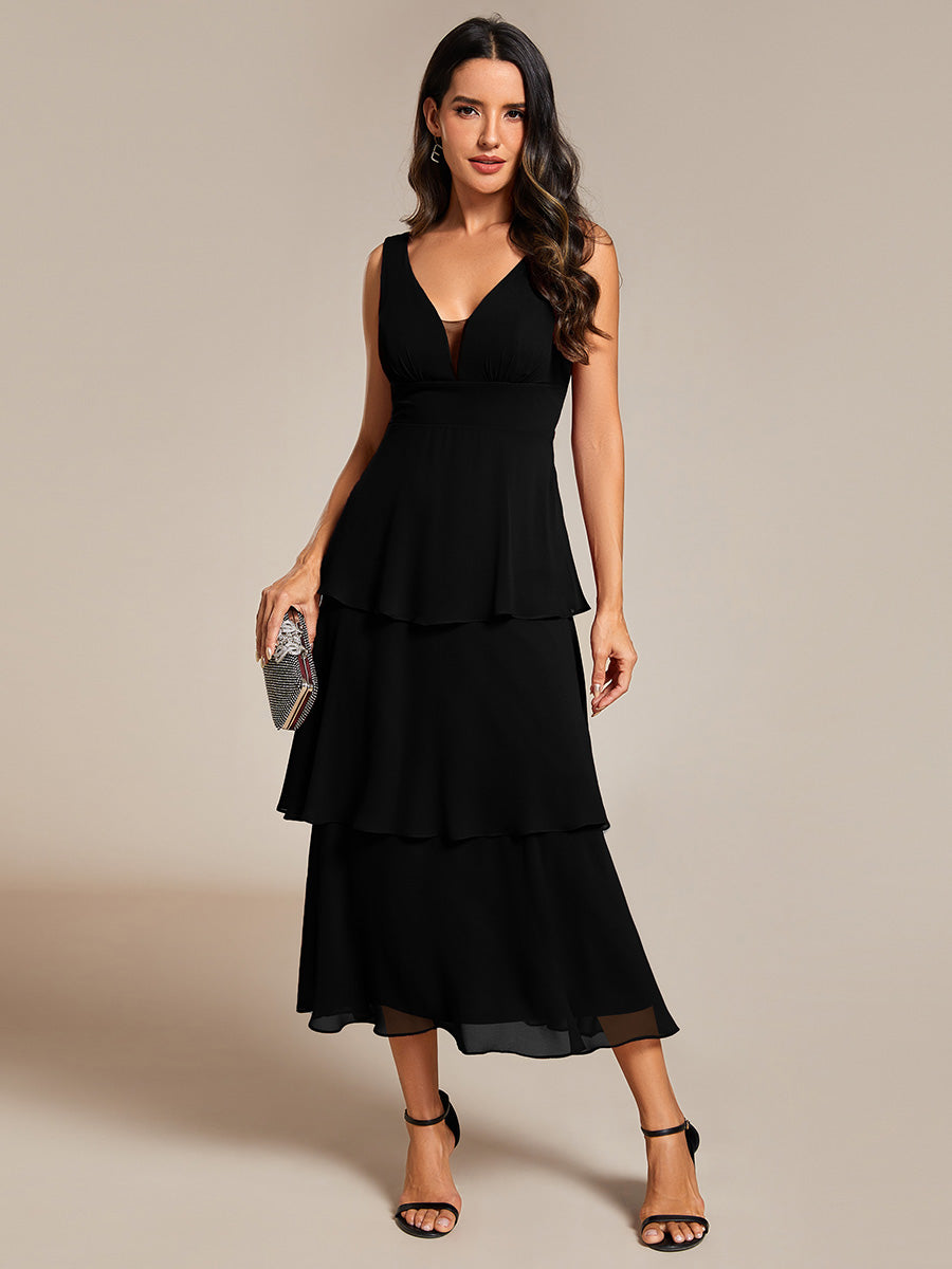 Color=Black | Spaghetti Strap Tiered Ruffle Hem Midi Length Wedding Guest Dress-Black 8