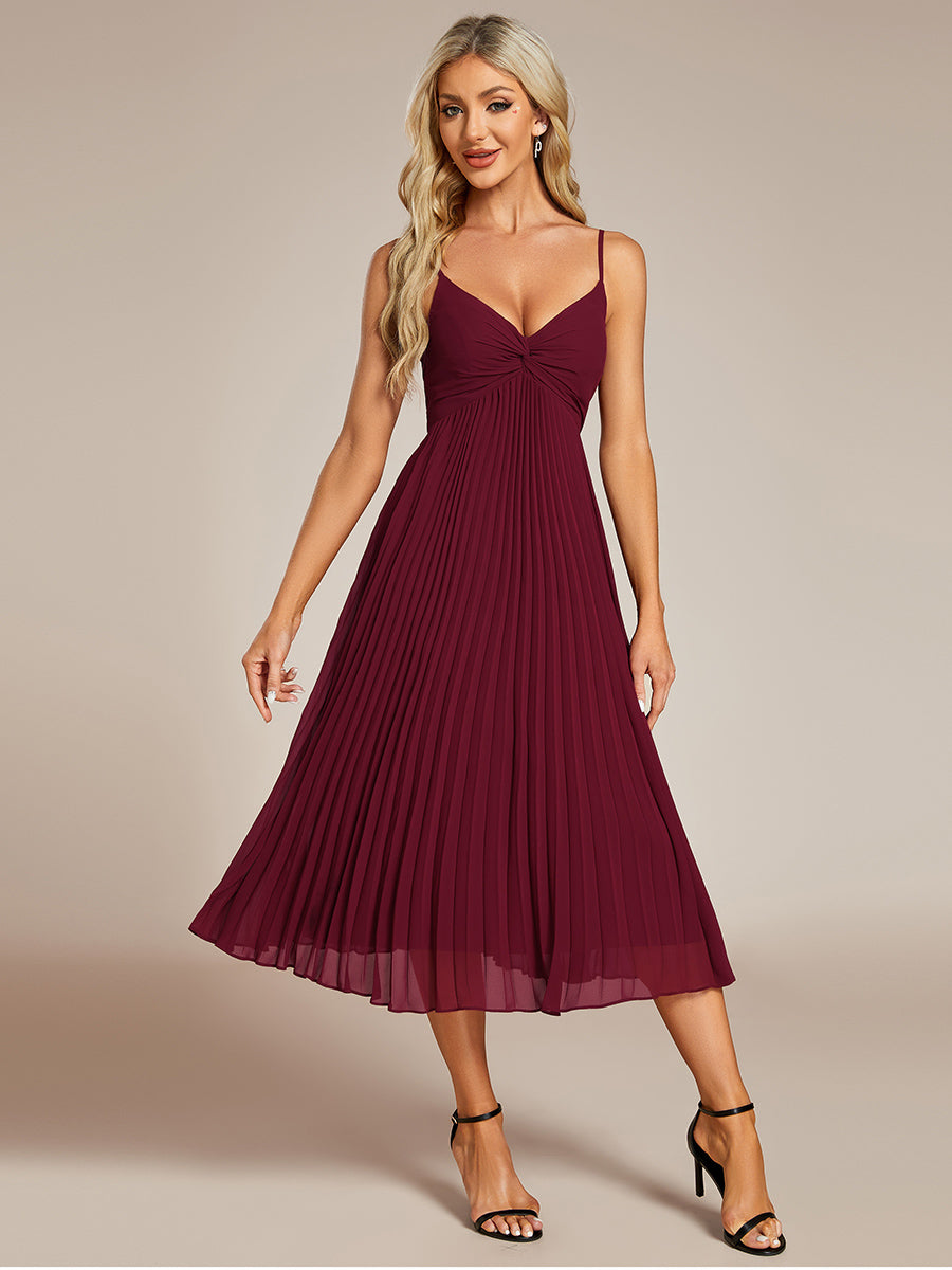 Color=Burgundy | Chiffon Bownot Neck Midi Length Wholesale Wedding Guest Dress-Burgundy 5