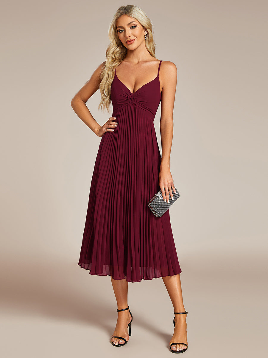 Color=Burgundy | Chiffon Bownot Neck Midi Length Wholesale Wedding Guest Dress-Burgundy 1