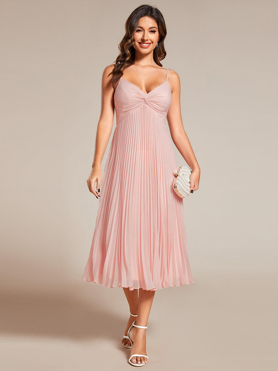 Color=Pink | Chiffon Bownot Neck Midi Length Wholesale Wedding Guest Dress-Pink 