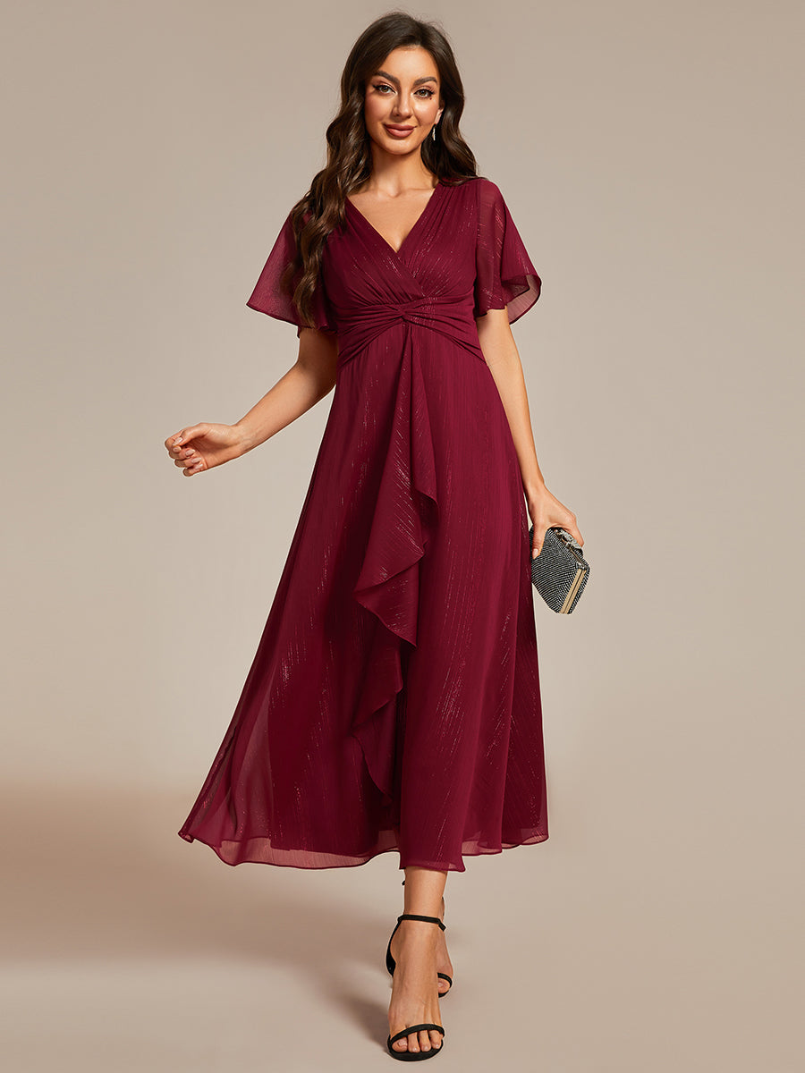 Color=Burgundy | Shimmer V Neck Tea Length Wedding Guest Dress With Short Sleeves-Burgundy 1