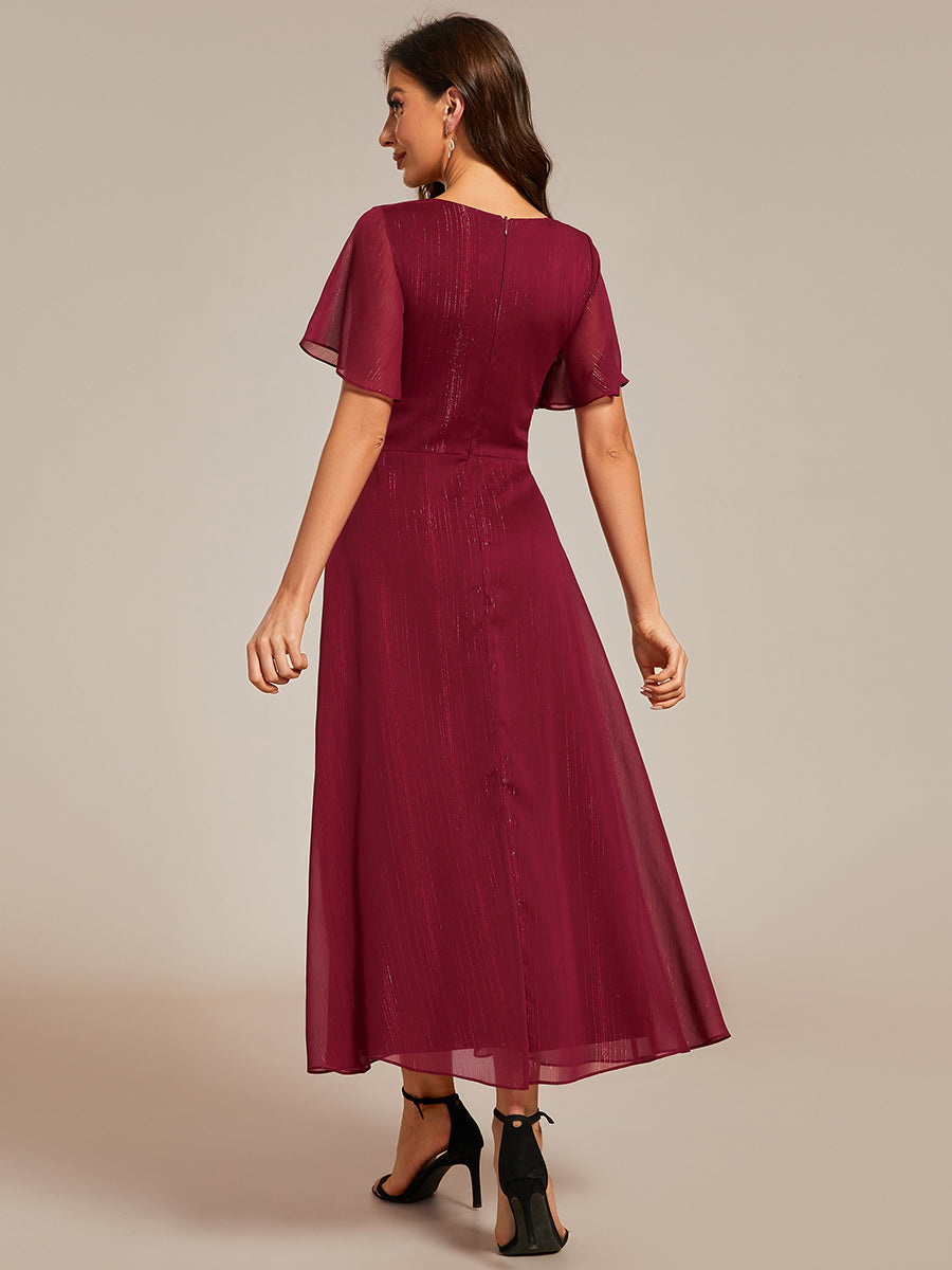 Color=Burgundy | Shimmer V Neck Tea Length Wedding Guest Dress With Short Sleeves-Burgundy 2