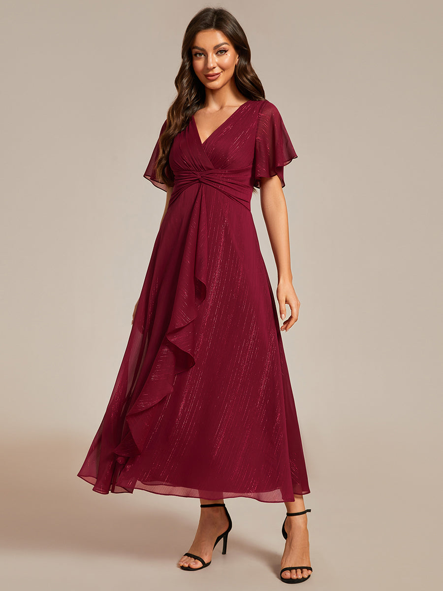 Color=Burgundy | Shimmer V Neck Tea Length Wedding Guest Dress With Short Sleeves-Burgundy 3