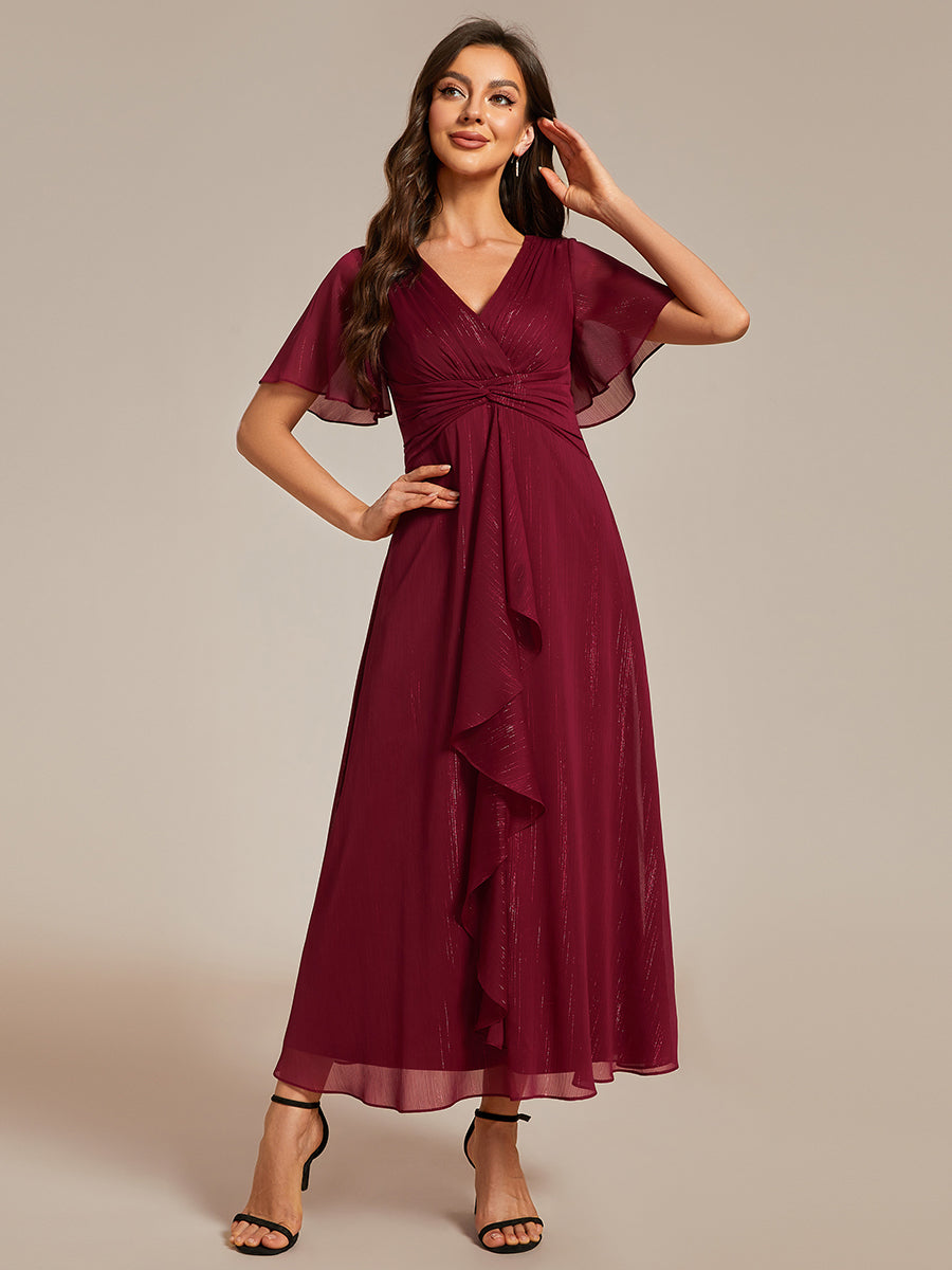 Color=Burgundy | Shimmer V Neck Tea Length Wedding Guest Dress With Short Sleeves-Burgundy 5