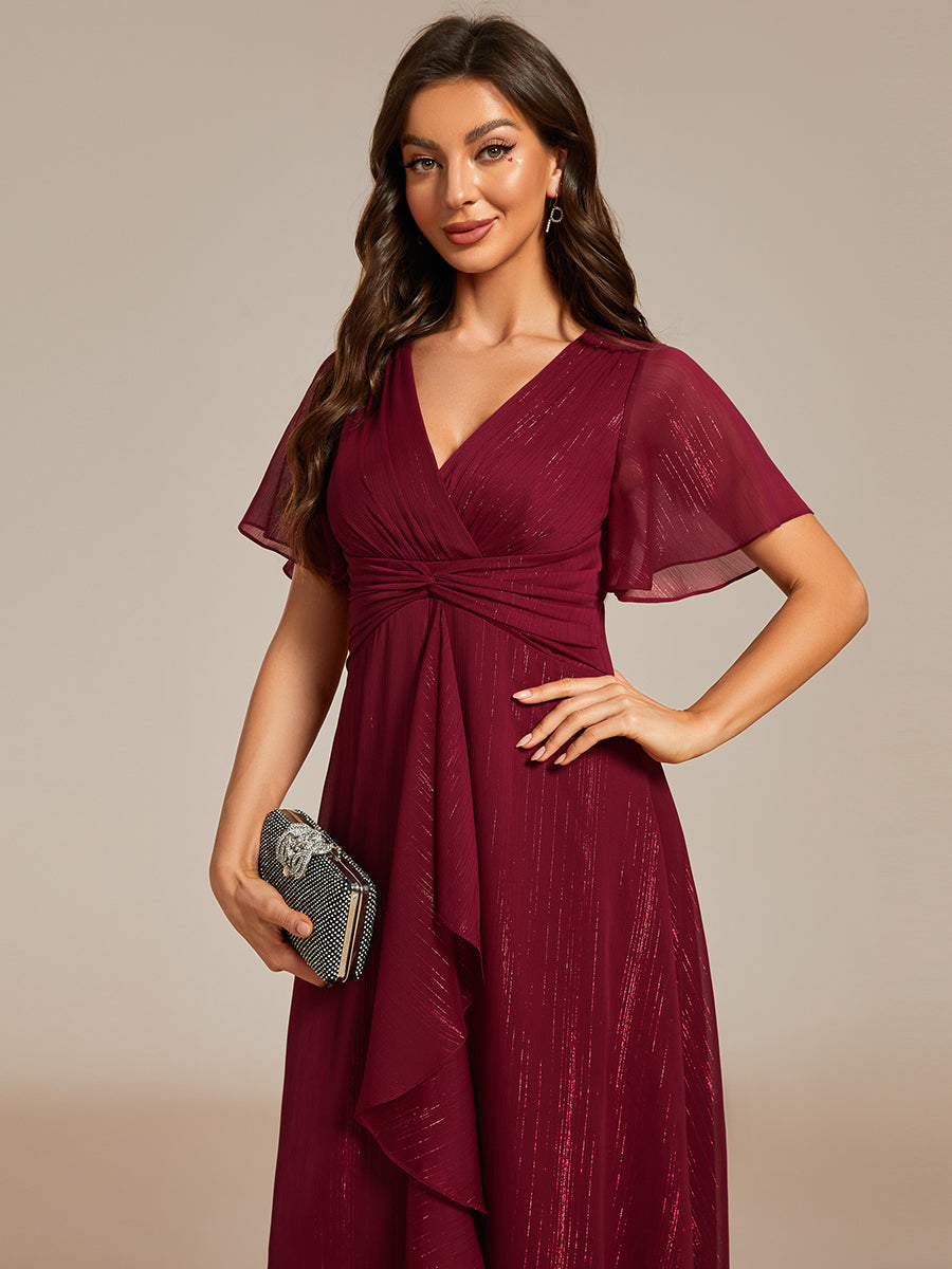 Color=Burgundy | Shimmer V Neck Tea Length Wedding Guest Dress With Short Sleeves-Burgundy 4