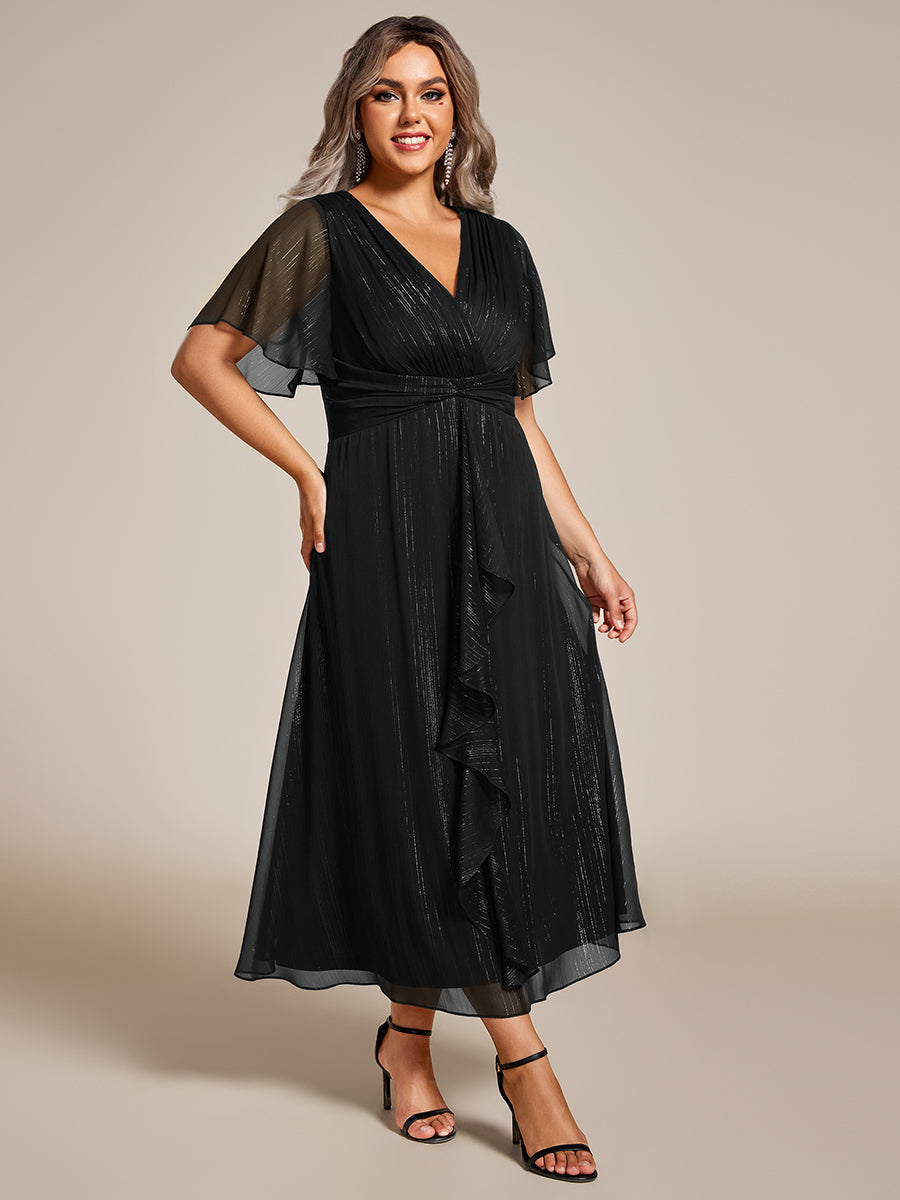 Color=Black | Plus Shimmer V Neck Tea Length Wedding Guest Dress With Short Sleeves-Black