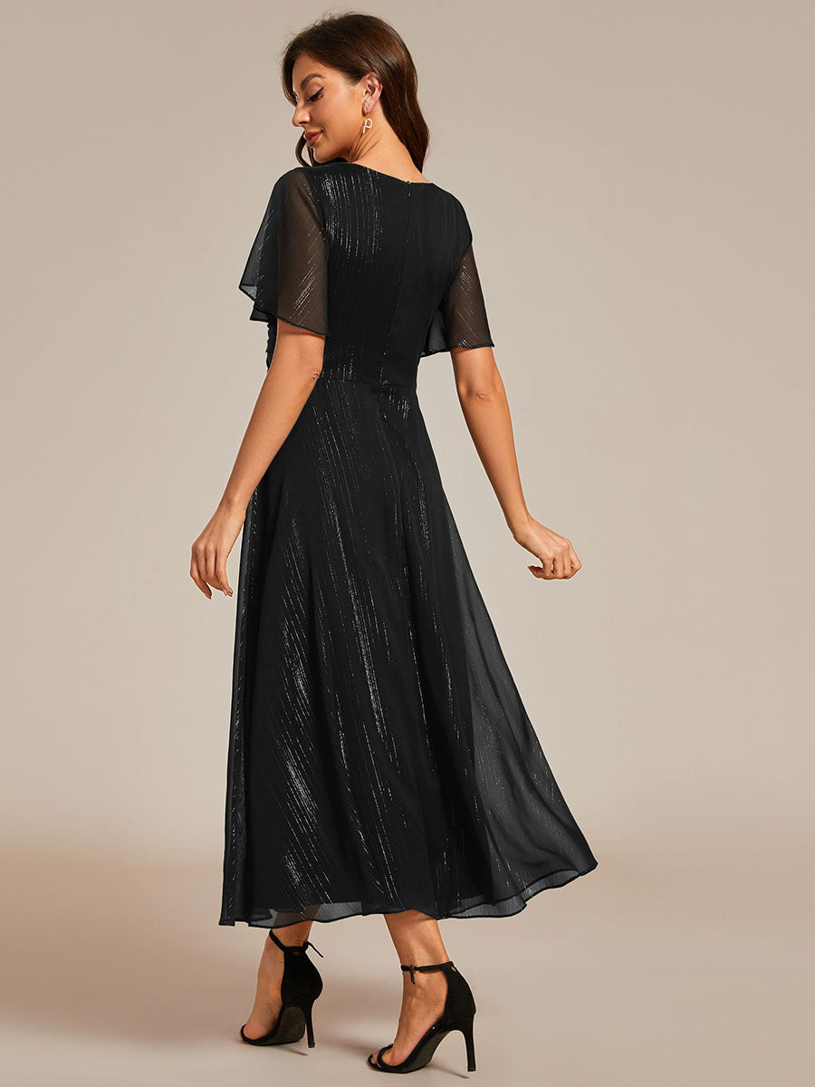 Color=Black | Shimmer V Neck Tea Length Wedding Guest Dress With Short Sleeves-Black 3
