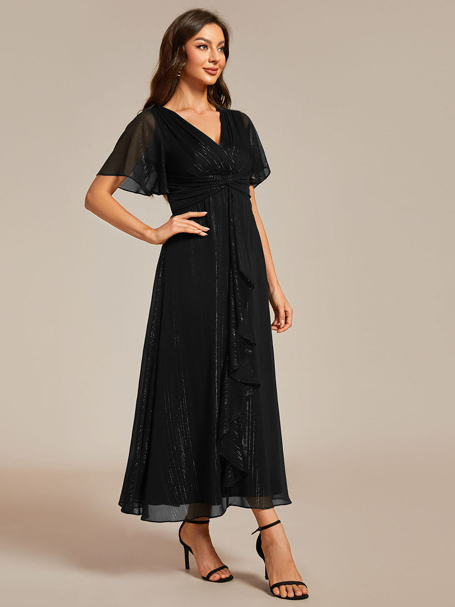Color=Black | Shimmer V Neck Tea Length Wedding Guest Dress With Short Sleeves-Black 4