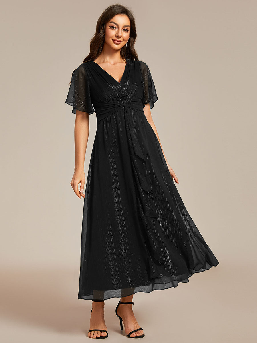 Color=Black | Shimmer V Neck Tea Length Wedding Guest Dress With Short Sleeves-Black 1