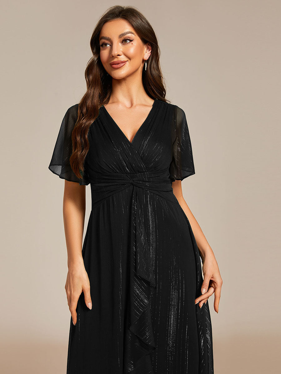 Color=Black | Shimmer V Neck Tea Length Wedding Guest Dress With Short Sleeves-Black 2