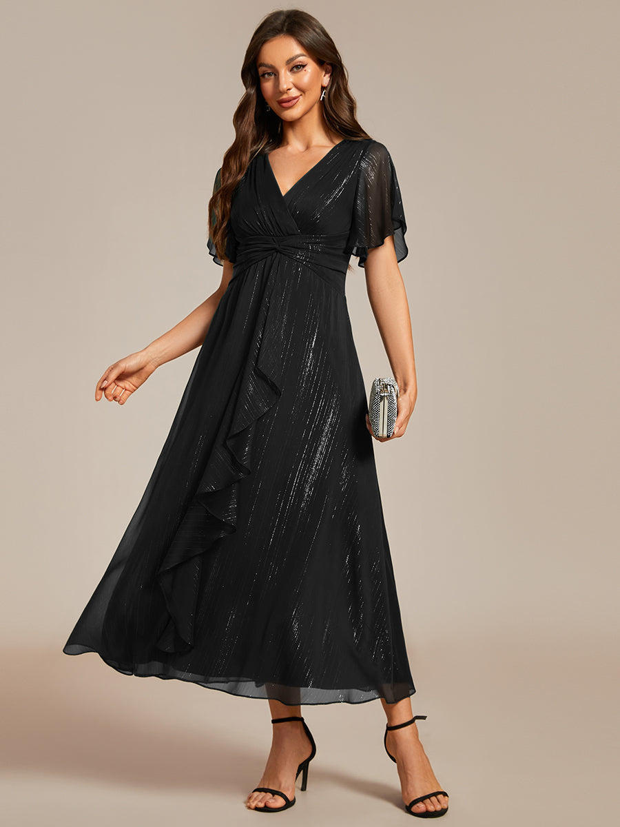 Color=Black | Shimmer V Neck Tea Length Wedding Guest Dress With Short Sleeves-Black 5