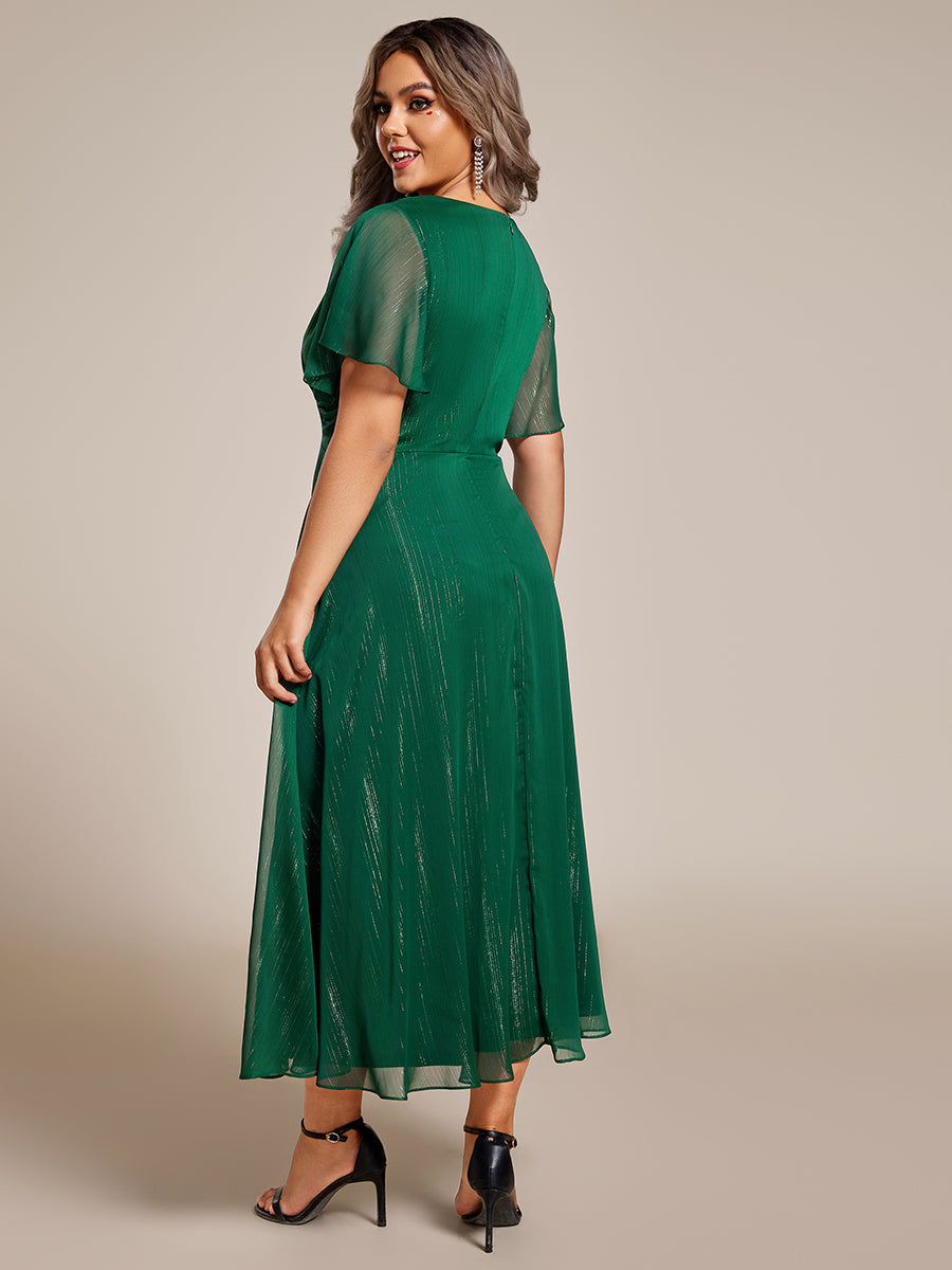 Color=Dark Green | Plus Shimmer V Neck Tea Length Wedding Guest Dress With Short Sleeves-Dark Green 