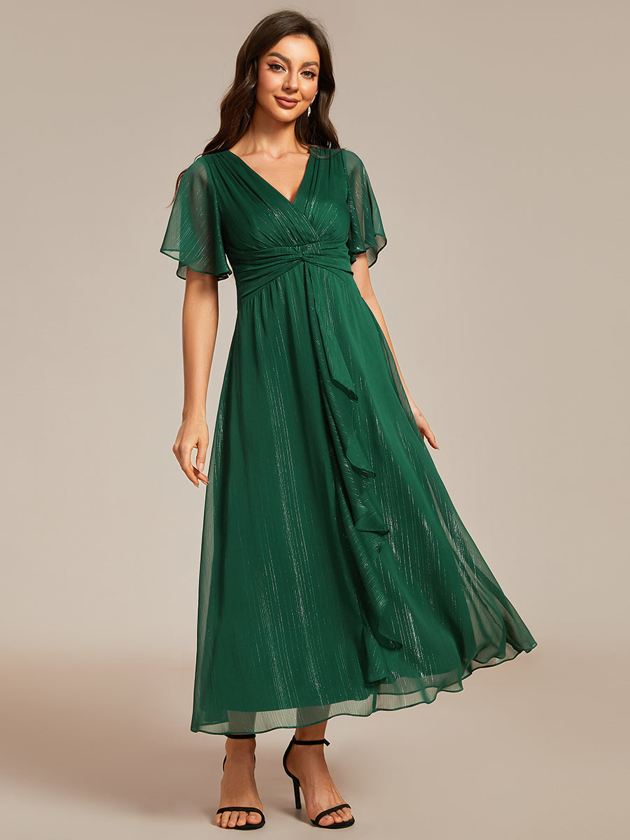 Color=Dark Green | Shimmer V Neck Tea Length Wedding Guest Dress With Short Sleeves-Dark Green 