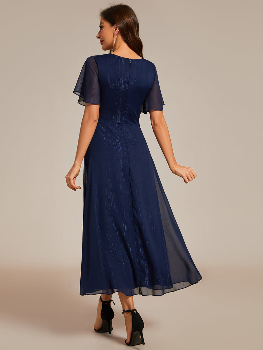 Color=Navy Blue | Plus Shimmer V Neck Tea Length Wedding Guest Dress With Short Sleeves-Navy Blue