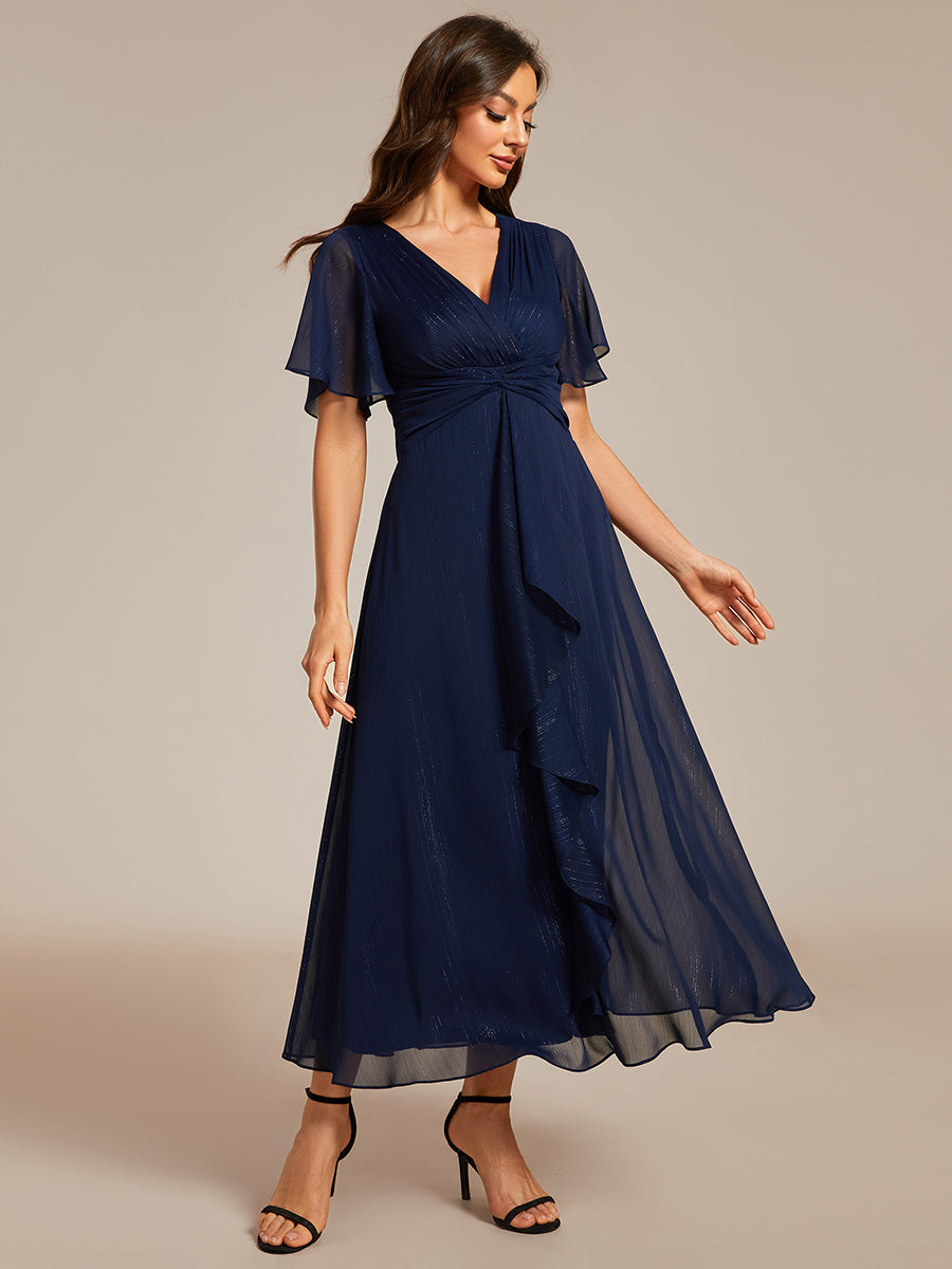 Color=Navy Blue | Shimmer V Neck Tea Length Wedding Guest Dress With Short Sleeves-Navy Blue 3