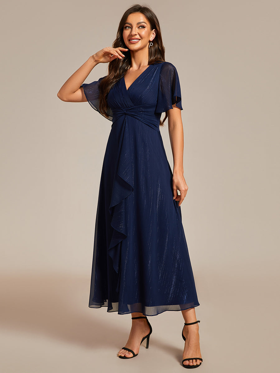 Color=Navy Blue | Shimmer V Neck Tea Length Wedding Guest Dress With Short Sleeves-Navy Blue 1