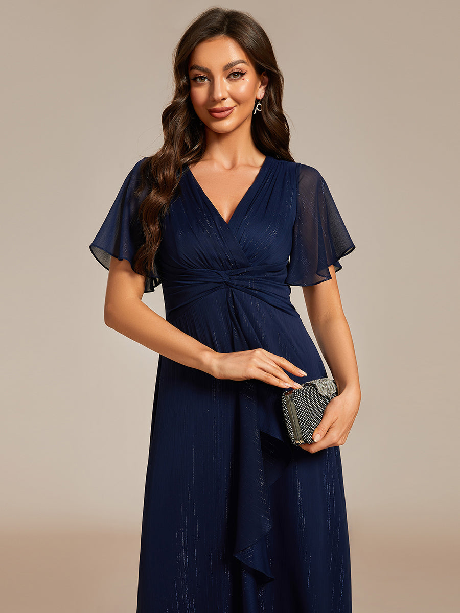 Color=Navy Blue | Shimmer V Neck Tea Length Wedding Guest Dress With Short Sleeves-Navy Blue 2