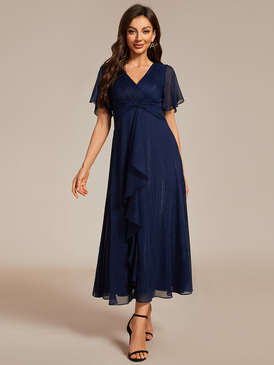 Color=Navy Blue | Shimmer V Neck Tea Length Wedding Guest Dress With Short Sleeves-Navy Blue 5