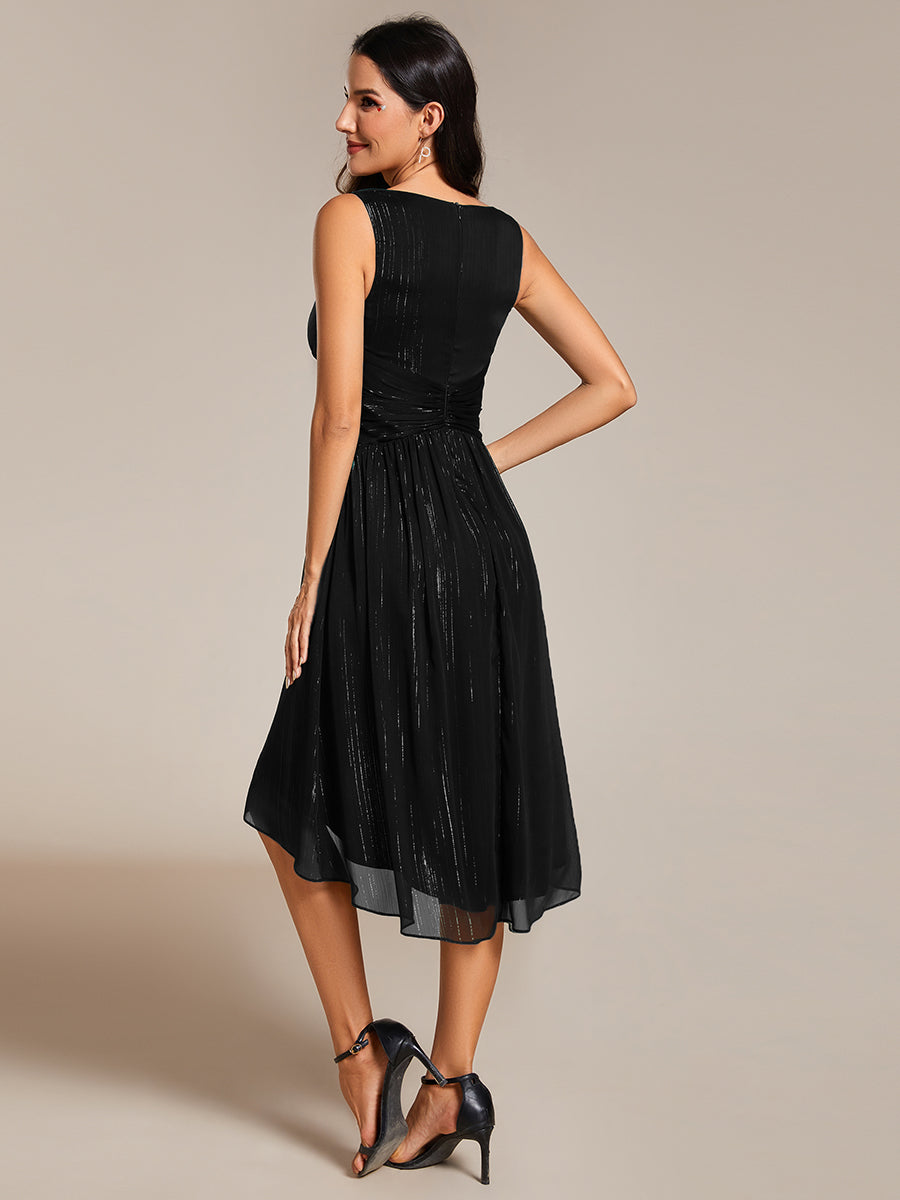 Color=Black | Glittery Spaghetti Straps Knee Length Bowknot Bridesmaid Dress-Black 3