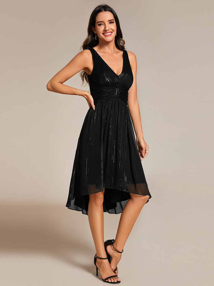 Color=Black | Glittery Spaghetti Straps Knee Length Bowknot Bridesmaid Dress-Black 4