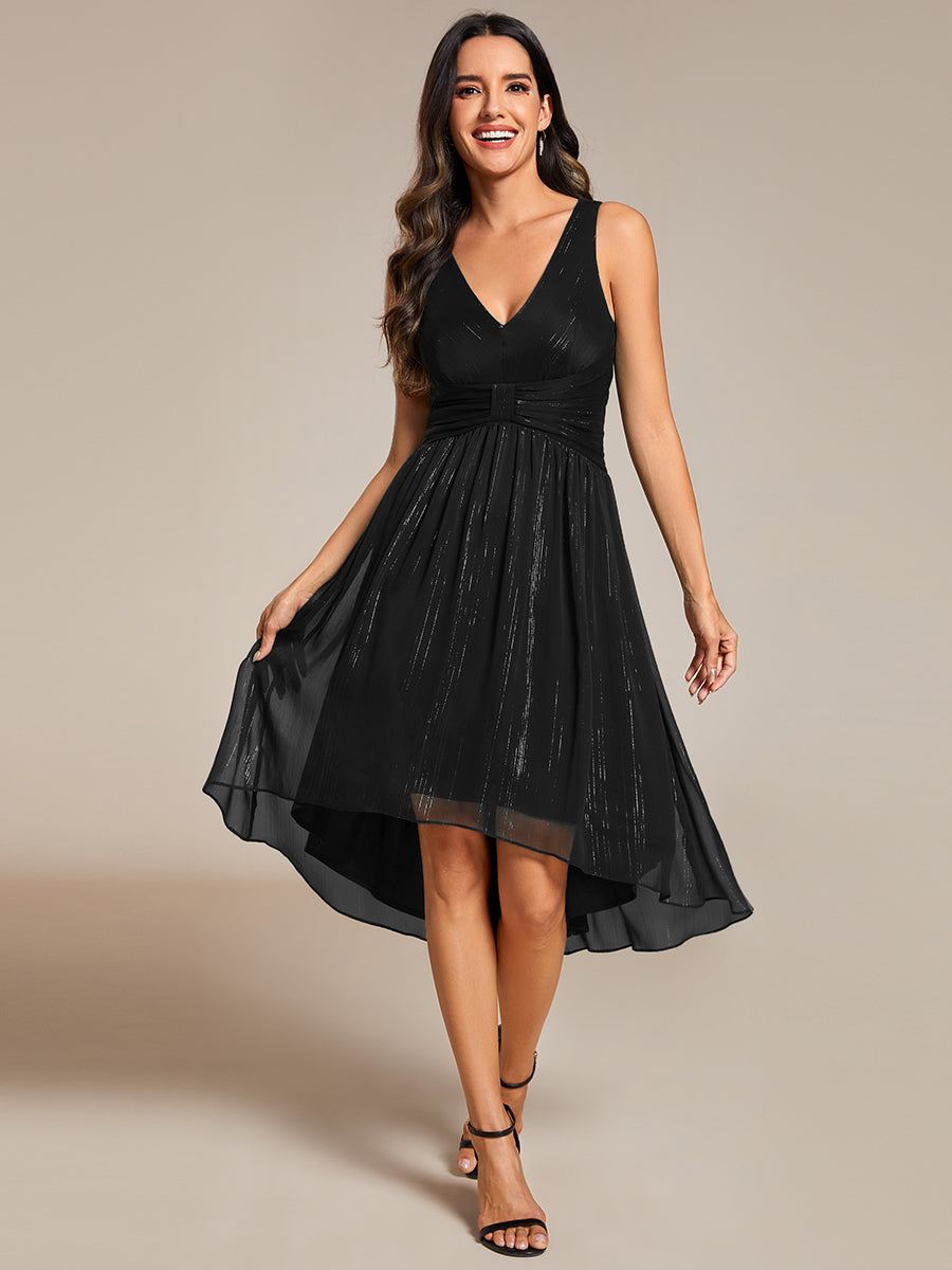 Color=Black | Glittery Spaghetti Straps Knee Length Bowknot Bridesmaid Dress-Black 5