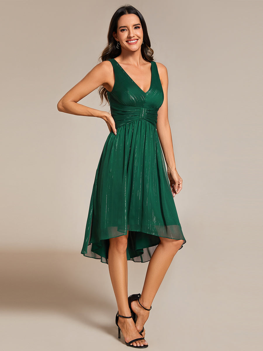 Color=Dark Green | Glittery Spaghetti Straps Knee Length Bowknot Bridesmaid Dress-Dark Green 8