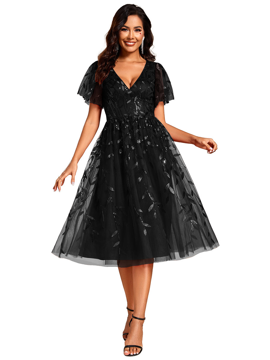 Color=BK | Exquisite Midi Length Ruffles Sleeve Tulle Sequin Dresses with Embroidery