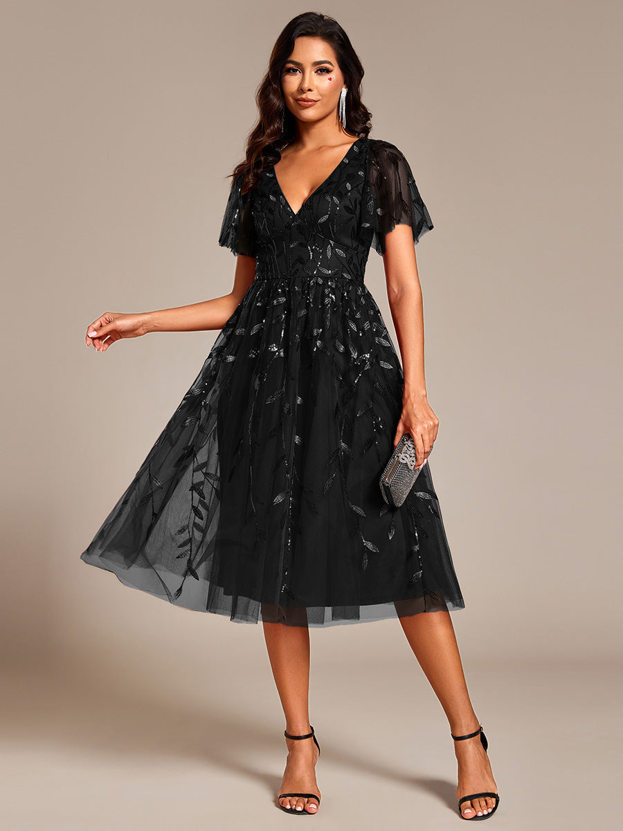 Color=BK | Exquisite Midi Length Ruffles Sleeve Tulle Sequin Dresses with Embroidery