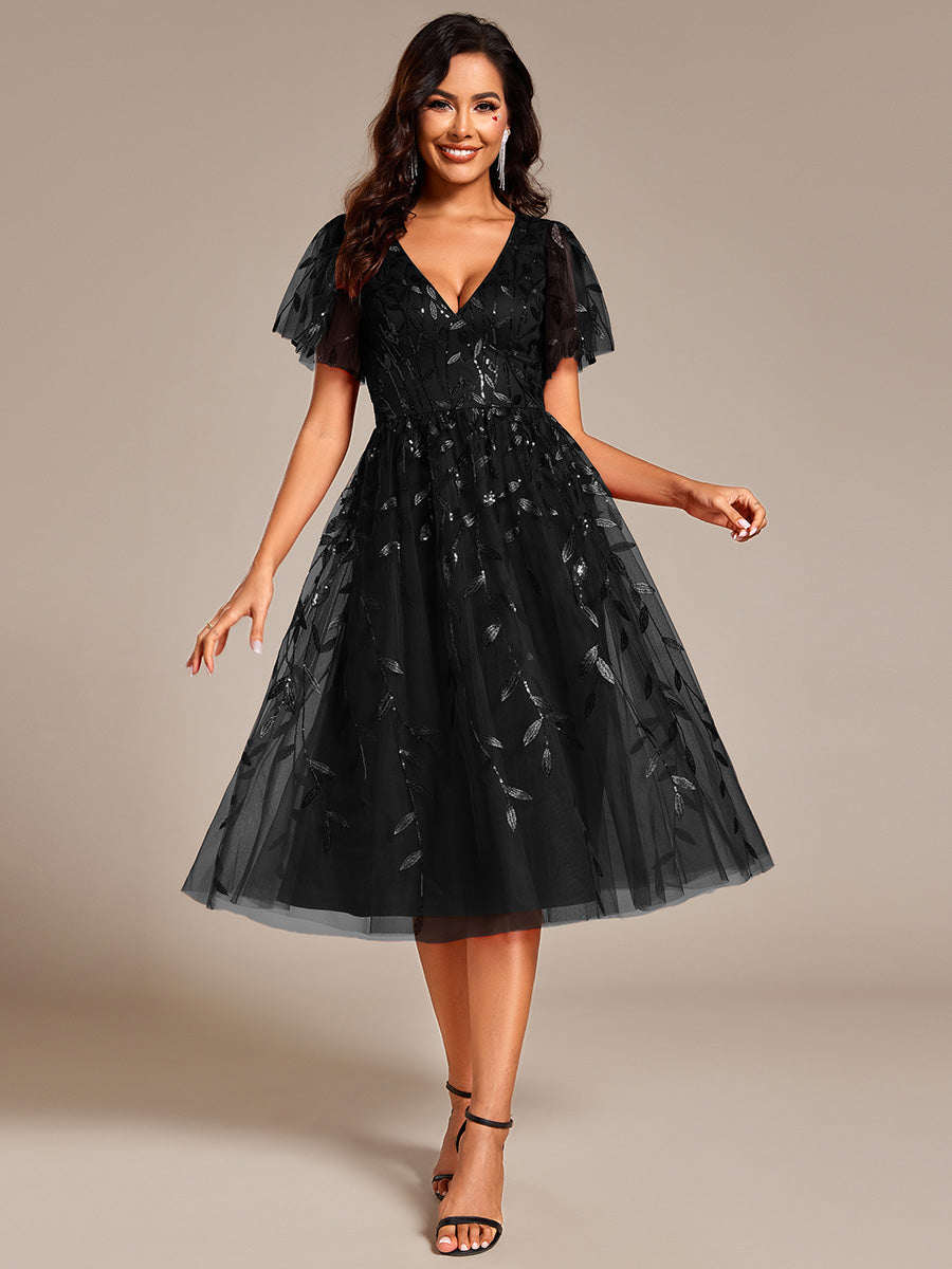 Color=BK | Exquisite Midi Length Ruffles Sleeve Tulle Sequin Dresses with Embroidery