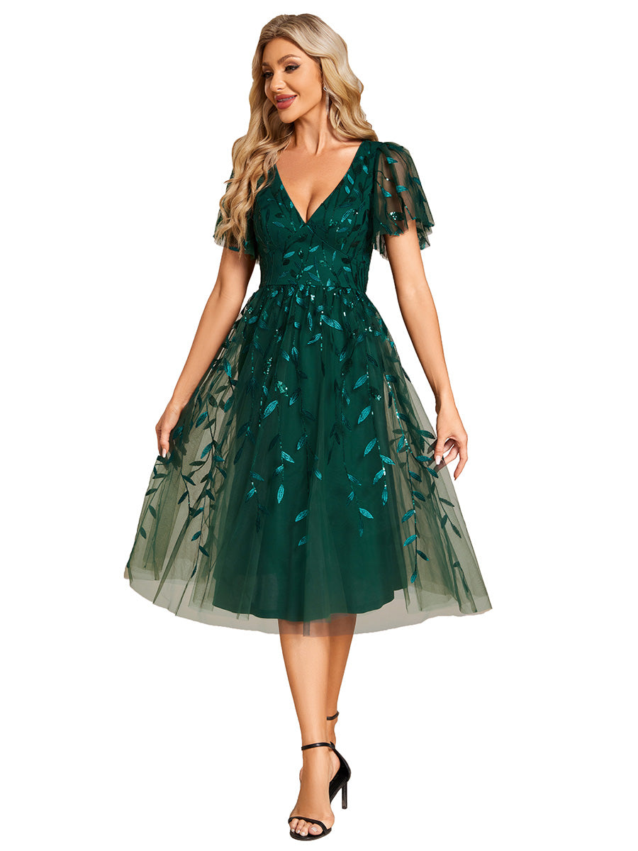 Color=DG | Exquisite Midi Length Ruffles Sleeve Tulle Sequin Dresses with Embroidery