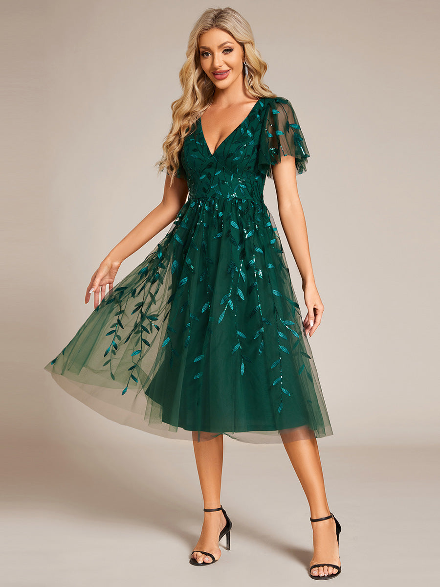 Color=DG | Exquisite Midi Length Ruffles Sleeve Tulle Sequin Dresses with Embroidery