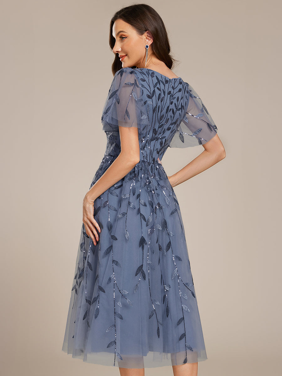 Color=DN | Exquisite Midi Length Ruffles Sleeve Tulle Sequin Dresses with Embroidery