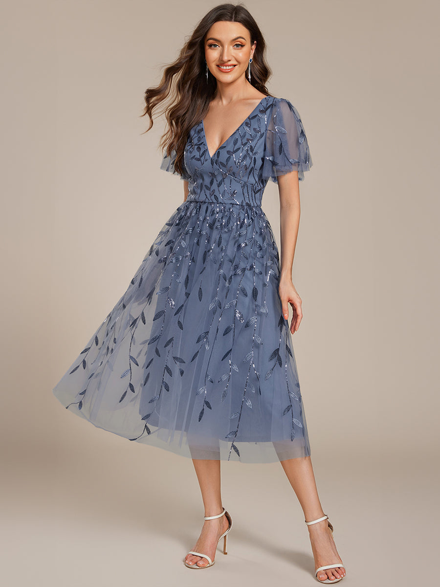 Color=DN | Exquisite Midi Length Ruffles Sleeve Tulle Sequin Dresses with Embroidery