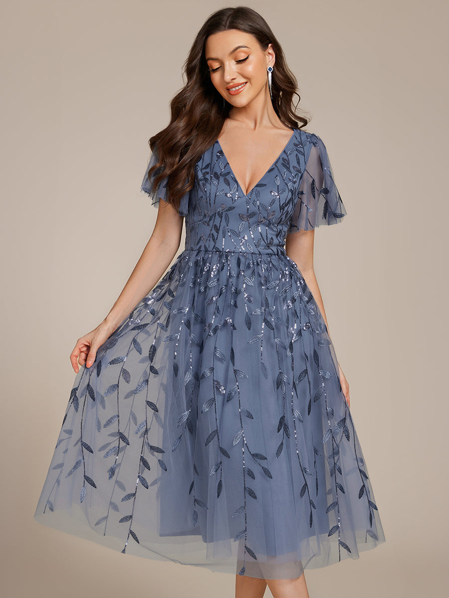 Color=DN | Exquisite Midi Length Ruffles Sleeve Tulle Sequin Dresses with Embroidery