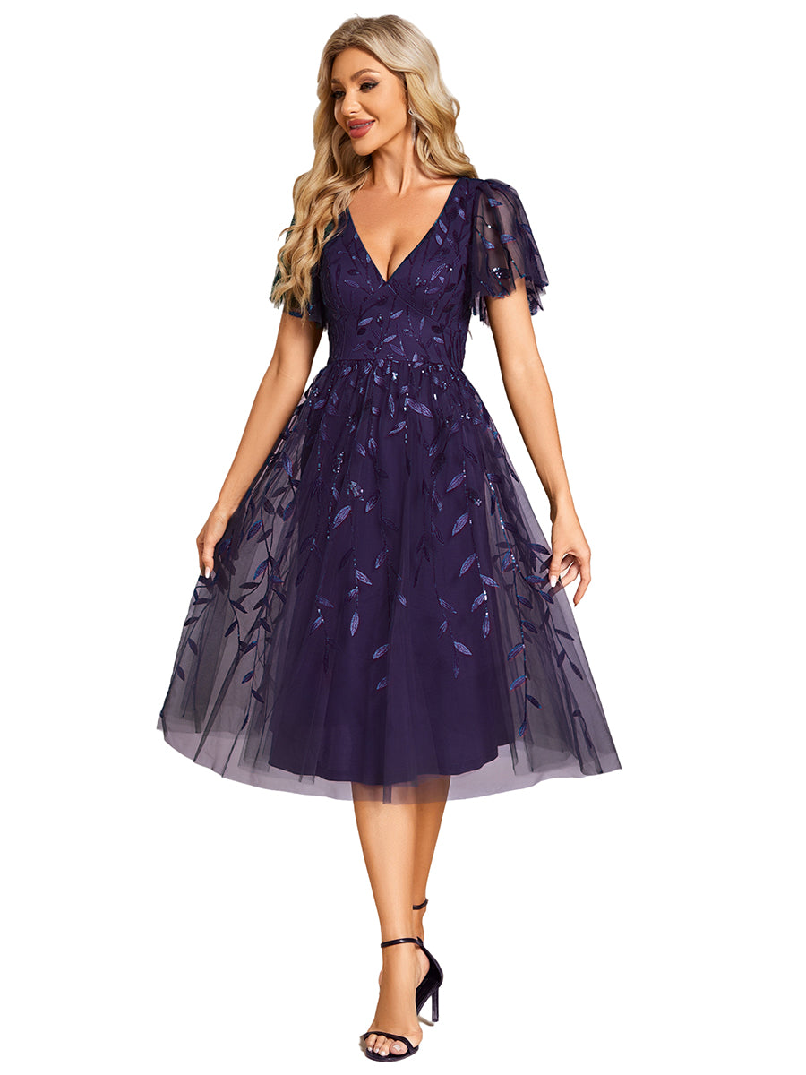 Color=DP | Exquisite Midi Length Ruffles Sleeve Tulle Sequin Dresses with Embroidery