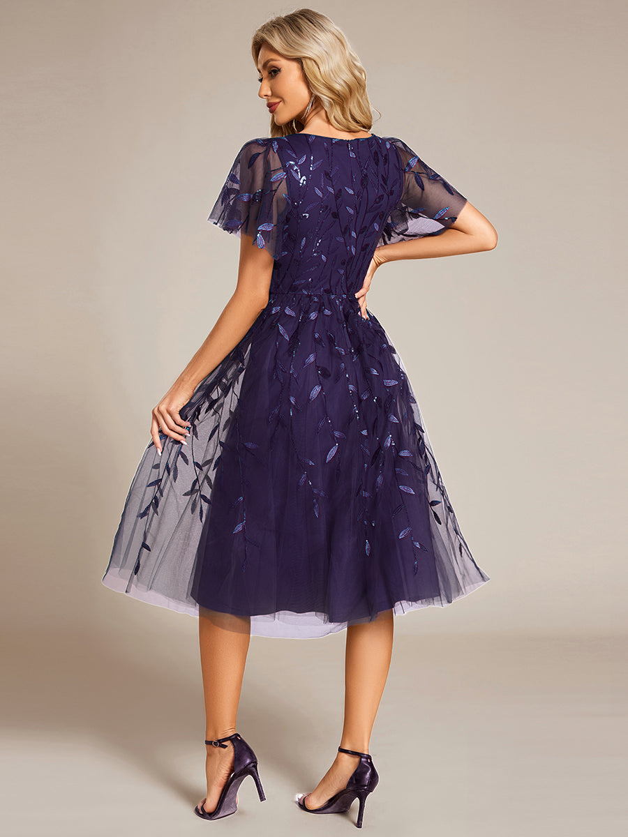 Color=DP | Exquisite Midi Length Ruffles Sleeve Tulle Sequin Dresses with Embroidery