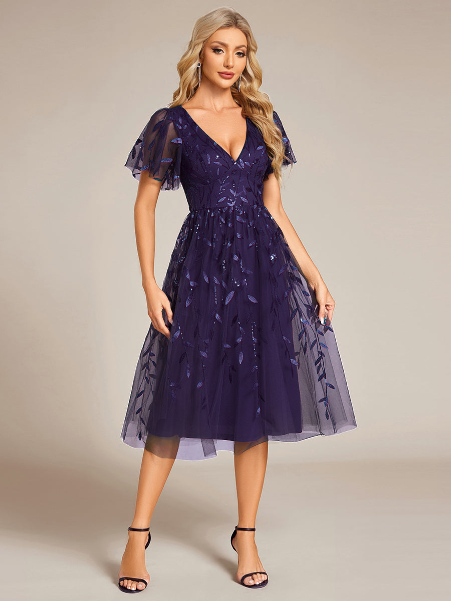 Color=DP | Exquisite Midi Length Ruffles Sleeve Tulle Sequin Dresses with Embroidery
