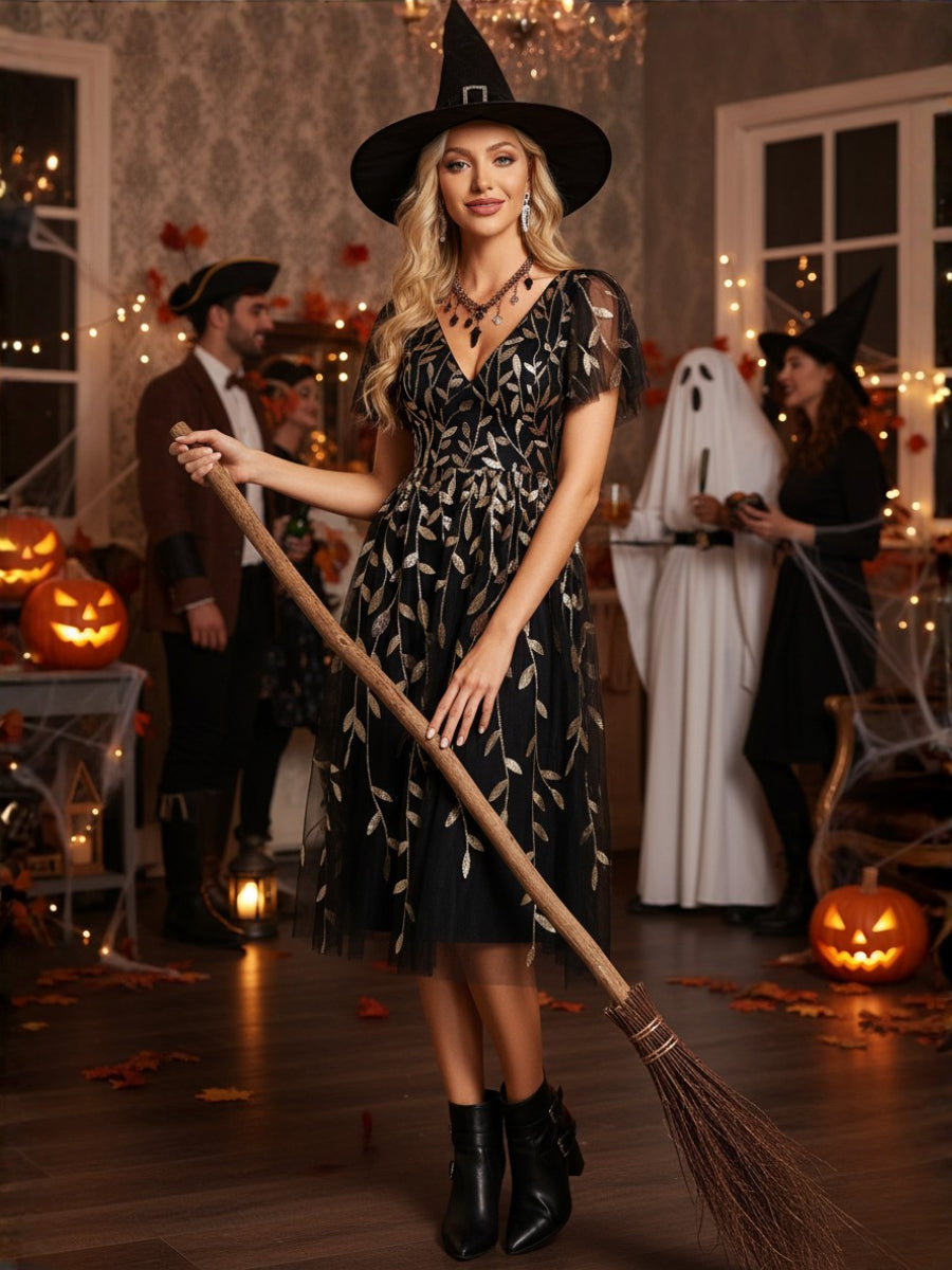 Color=KG | Exquisite Midi Length Ruffles Sleeve Tulle Sequin Dresses with Embroidery